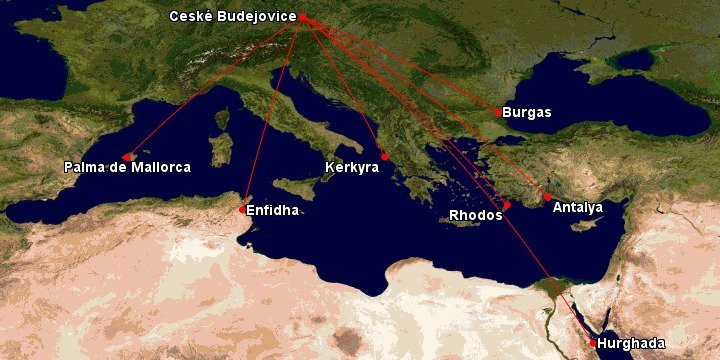 Mapa, kam se létá k moři z Českých Budějovic