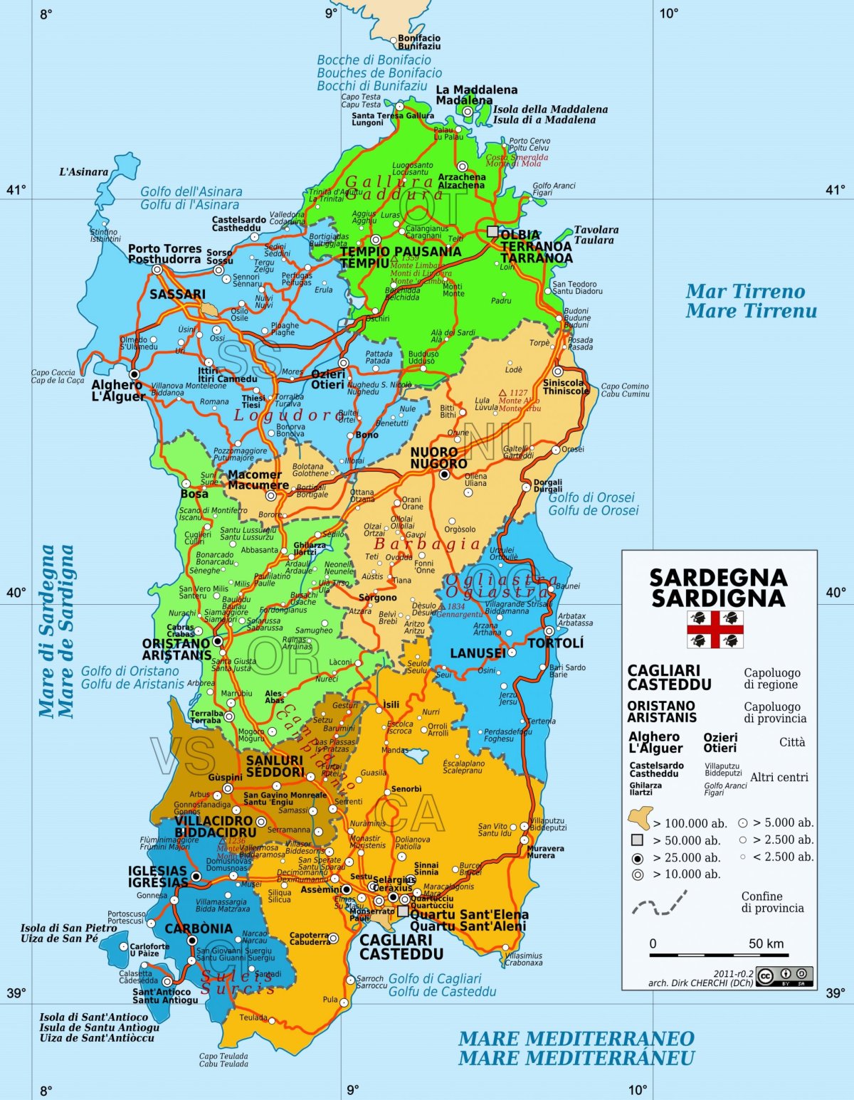 Sardinie mapa silnic