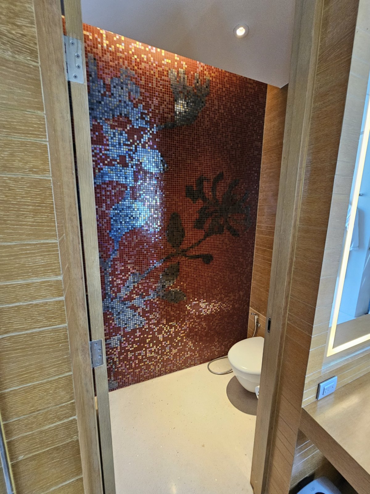 Toaleta oddělená dveřmi od koupely