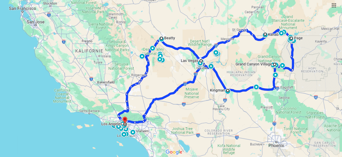 Plánovaná trasa po jihozápadě USA