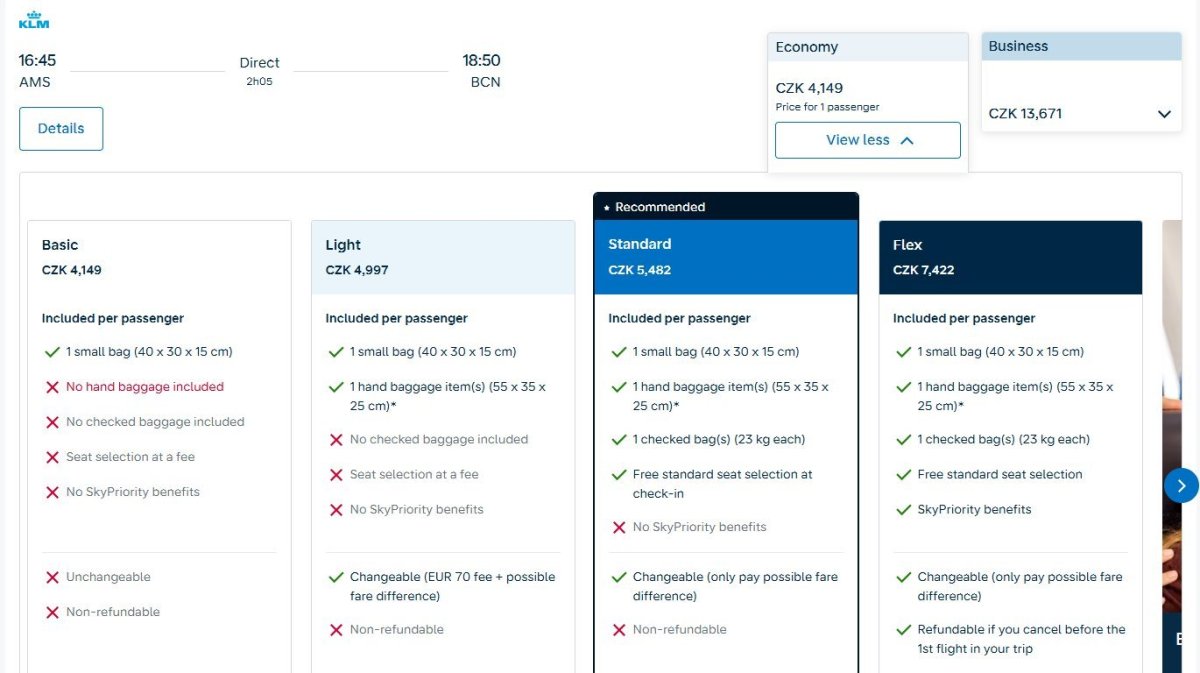 Air France-KLM: screenshot nového tarifu