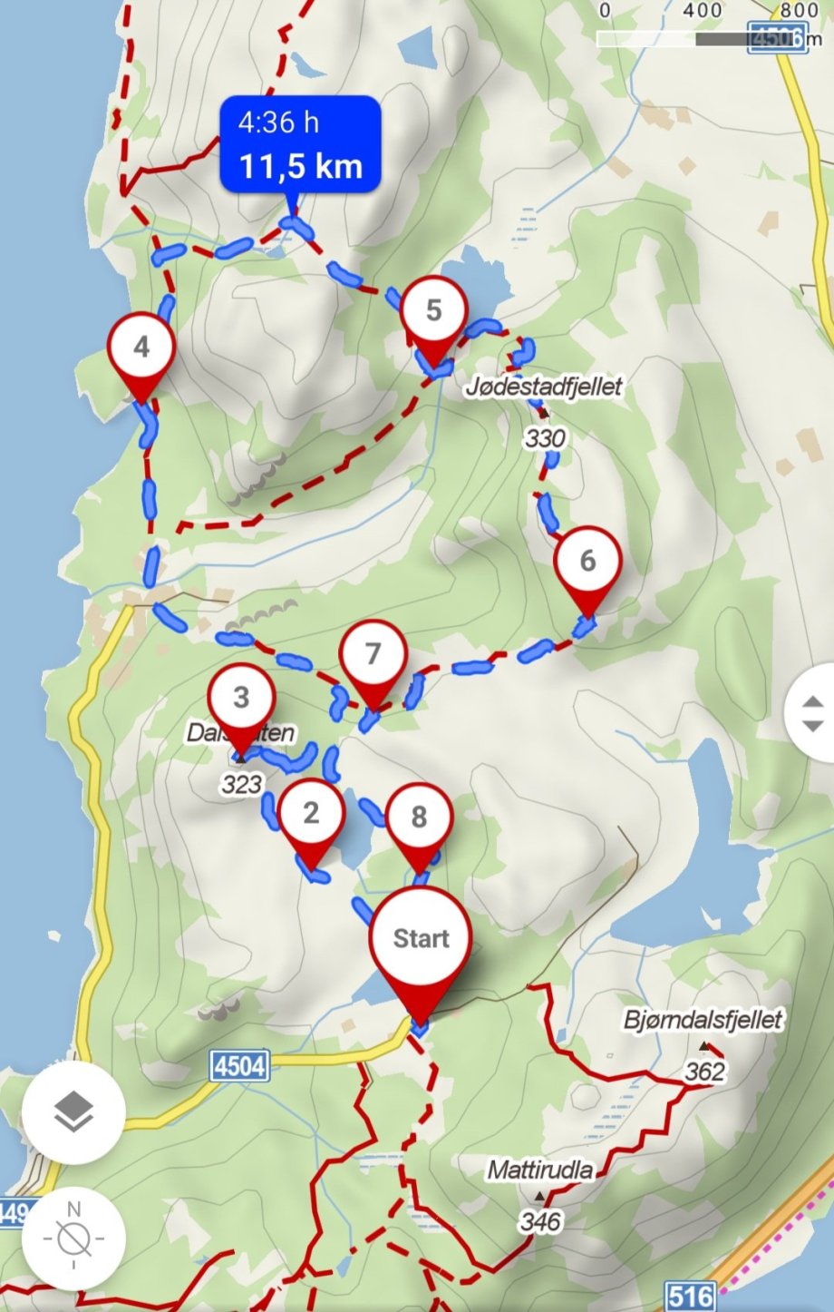 Trasa: Gramstad - Dalsnuten - Lifjell - Dalevatn - Jødestadfjellet - Gramstad