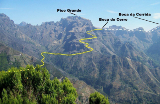 Trasa z Encumedy k místu Boca do Cerro (odsud buď na Pico Grande, nebo do Curralu das Freiras, nebo do Boca da Corrida) (zdroj: 