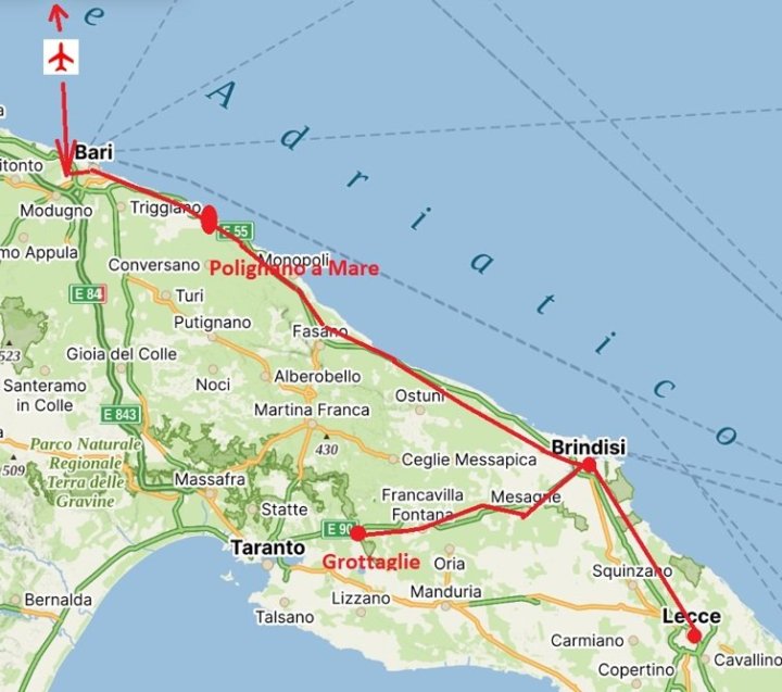 A mapa putování po Apulii