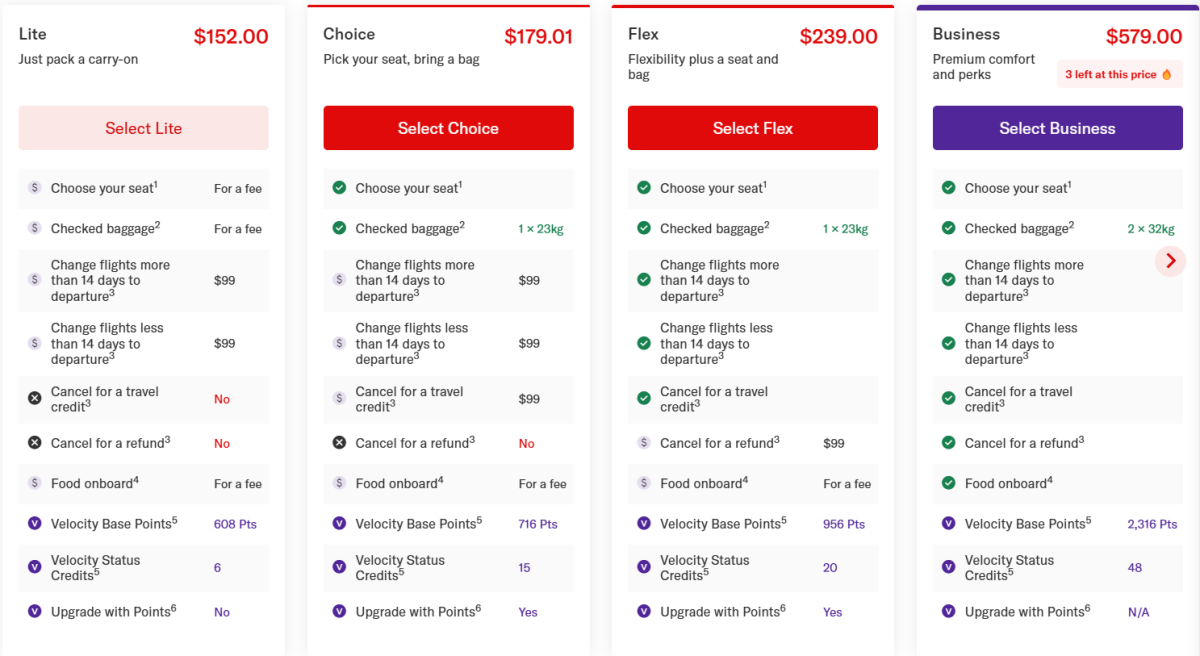 Tarify Virgin Australia