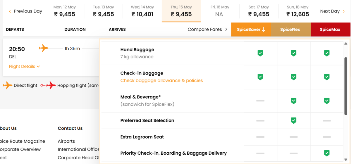 Tarifní třídy SpiceJet