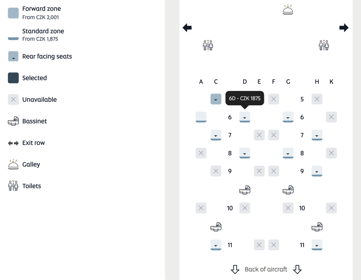 Seat mapa a cena za výběr sedadla