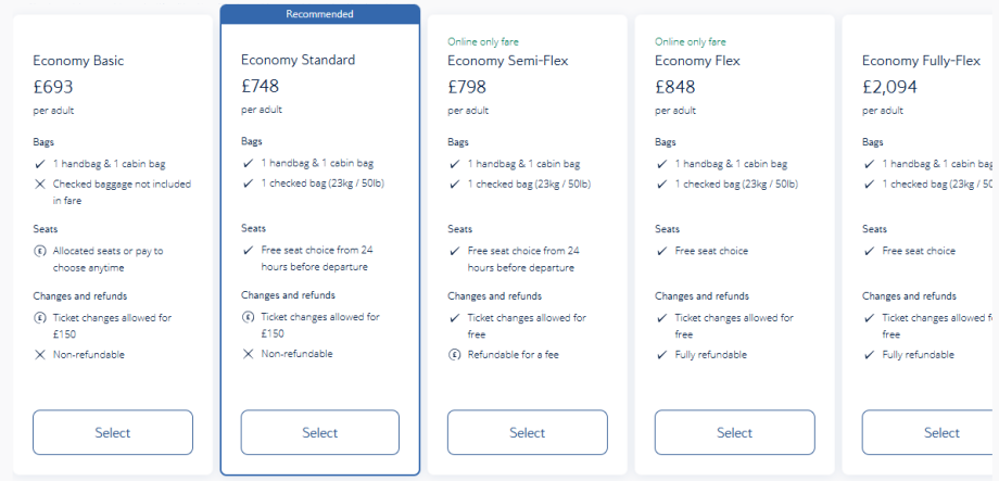 Tarifní třídy British Airways - ekonomická třída