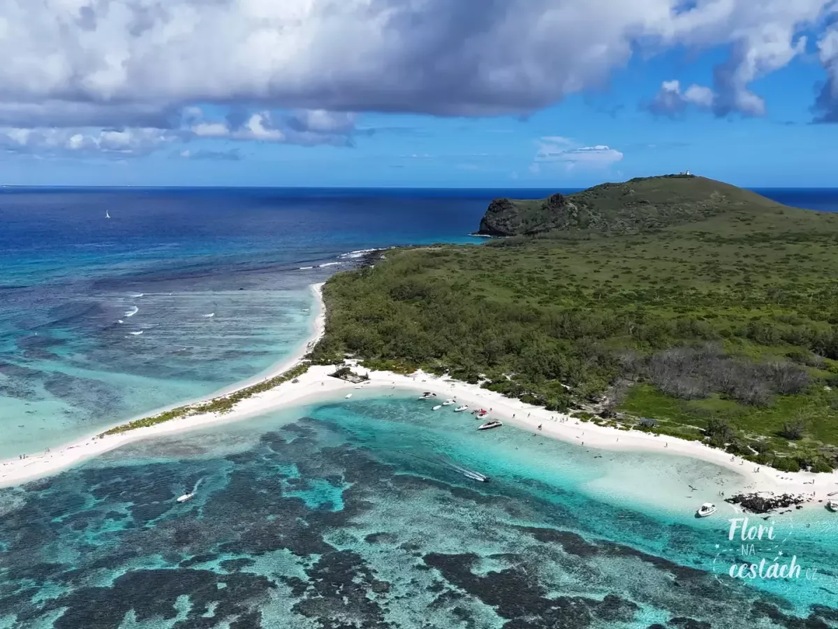 Flat Island z ptačí perspektivy. Tenhle pohled nejlépe ukazuje, proč se vyplatí vyrazit katamaránem ze severního pobřeží. Ten ko