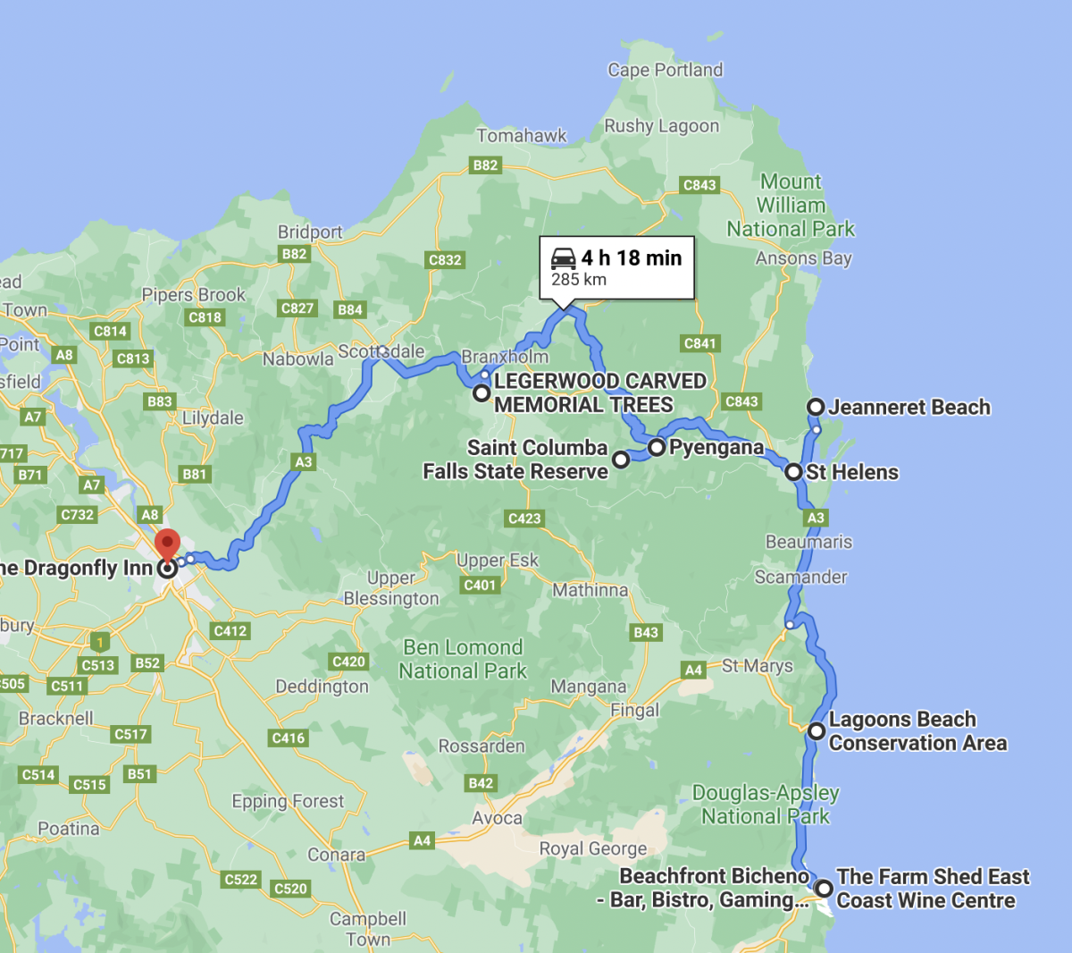 Den 4: trasa z Bichena přes Bay of Fires k St. Columba Falls a do Launcestonu
