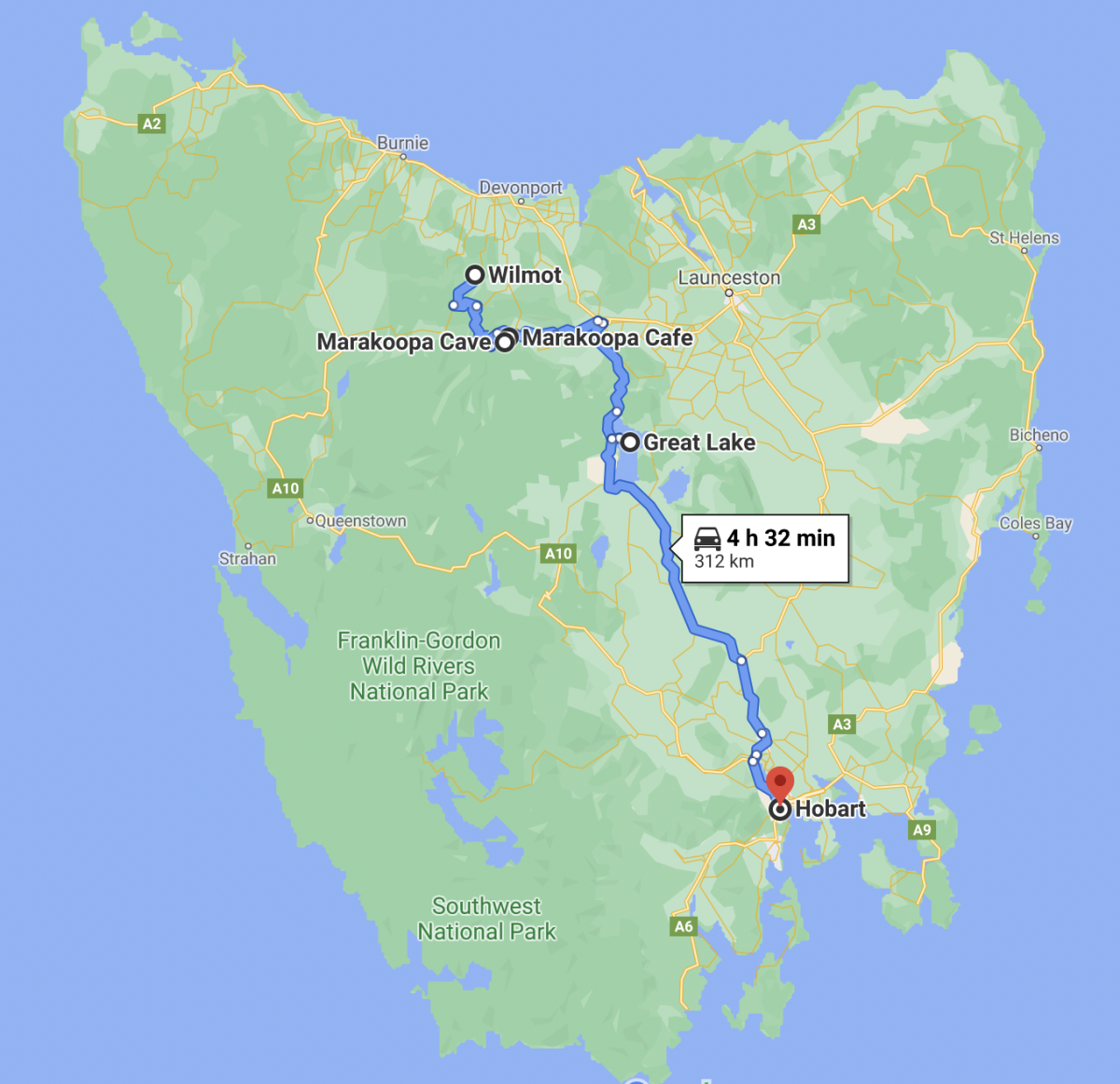 Den 6: trasa z WIlmotu přes Mole Creek s jeskyní, kolem Great Lake a zpět na jih do Hobartu