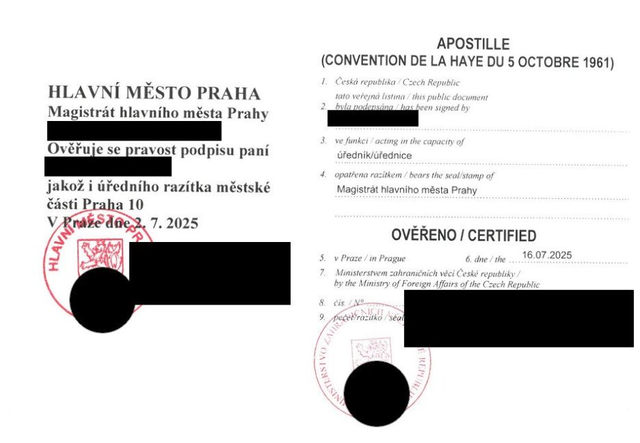 3) Vyšší ověření (vlevo) na nadřazeném úřadě a 4) Apostila (vpravo) - na MZV - obě věci přijdou z druhé strany RL a vysvědčení o