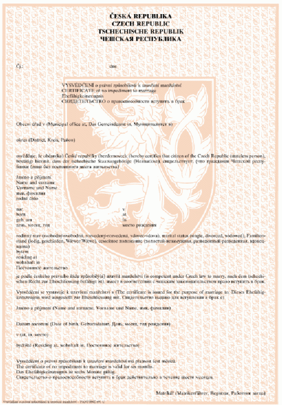 2) Vysvědčení o právní způsobilosti k uzavření manželství - na matrice v místě trvalého bydliště