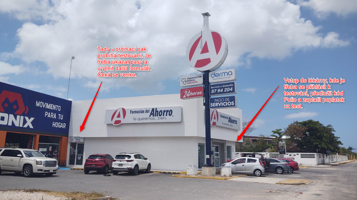 Lékárna a ordinace Ahorro Arco Vial, která v Playa del Carmen poskytuje nejlevnější možnost testování