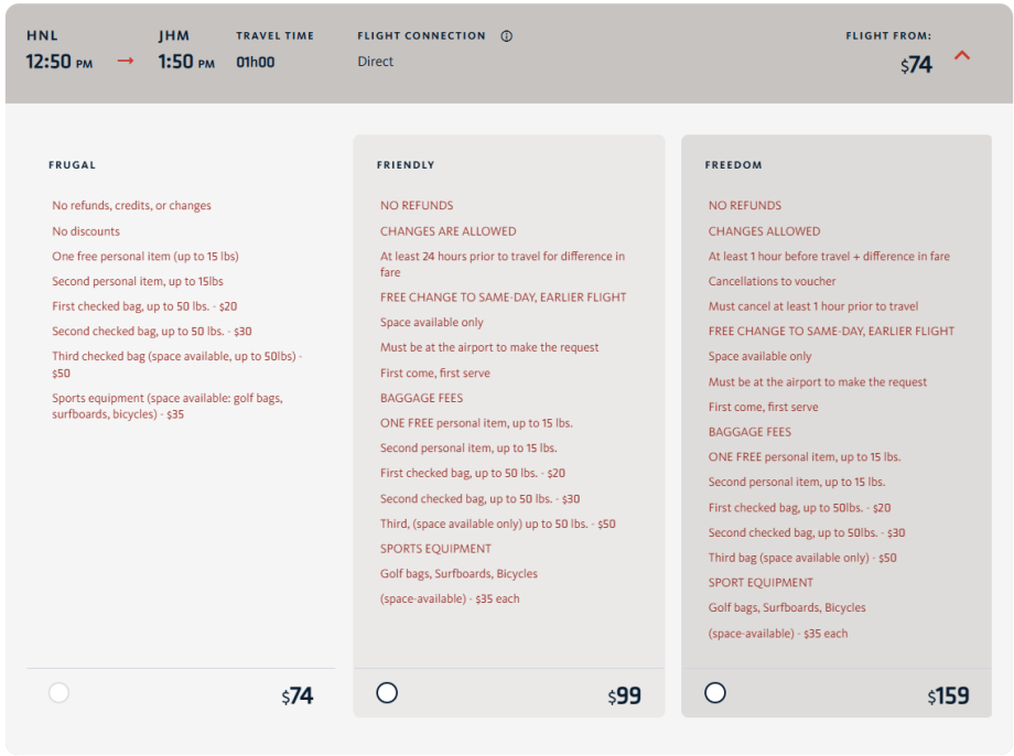Tarifní třídy Mokulele Airlines