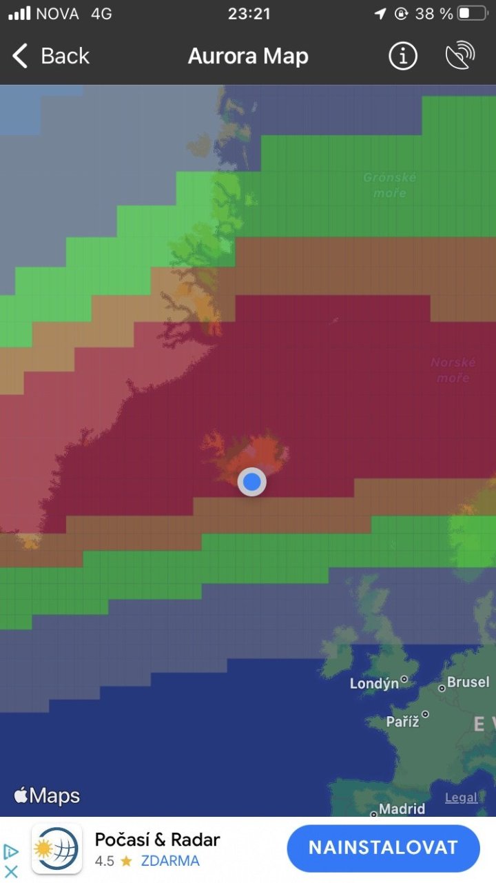 Takhle vypadala polární záře na mapě v aplikaci Aurora, když jsme reálně viděli polární záři. Naše zkušenosti jsou takové, že po