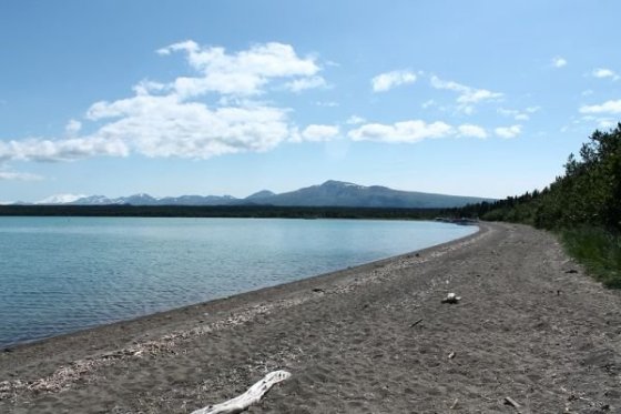 Pláž pri Brooks Campe v pozadí sú zaparkované lietadlá. Stretnúť medveďa na tejto pláži je úplne bežné, my tu počas nášho pobytu