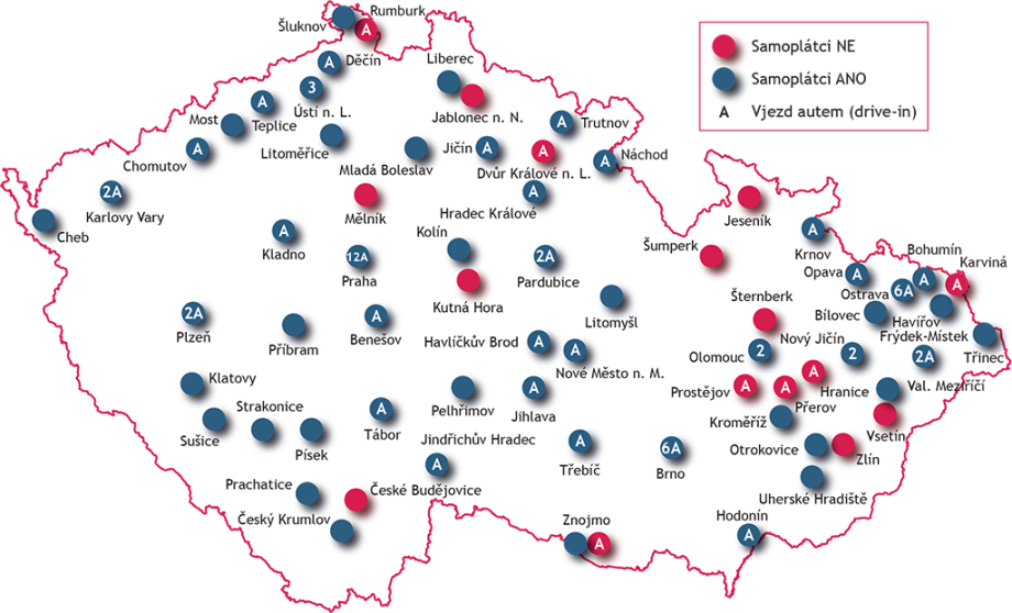 Mapa odběrových center (zdroj: Ministerstvo zdravotnictví)