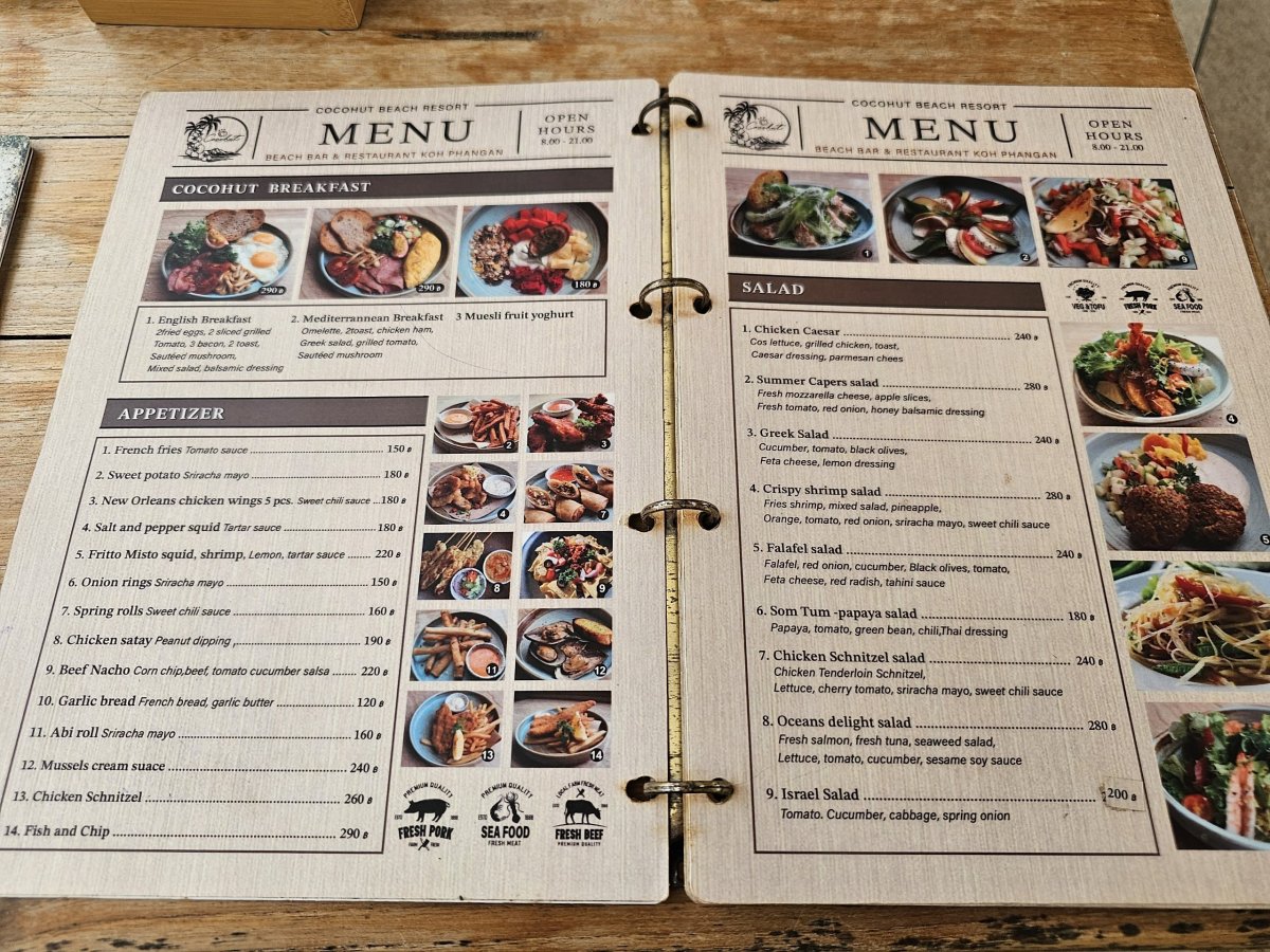 Rin Nai Beach, menu restaurace Cocohut