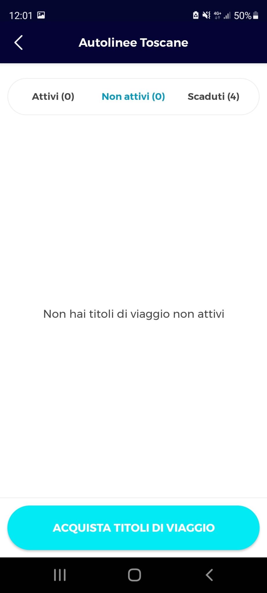 Žádné aktivní jízdenky, pro nákup klikněte na tlačítko Acquista Titoli di Viaggio