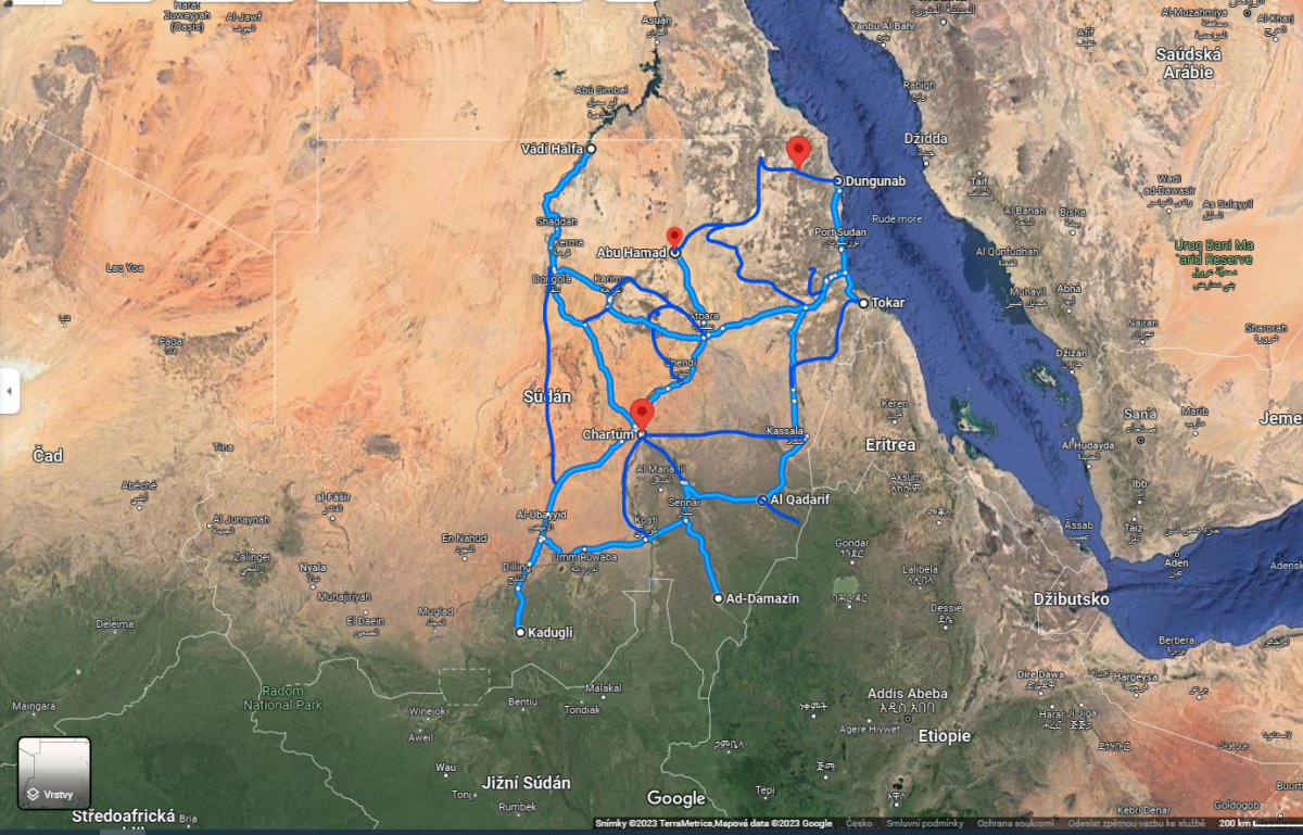 Naše křižování Súdánem (malé cestičky a pisty jsme nezakreslili, jinak by mapa byla nečitelná 😉)