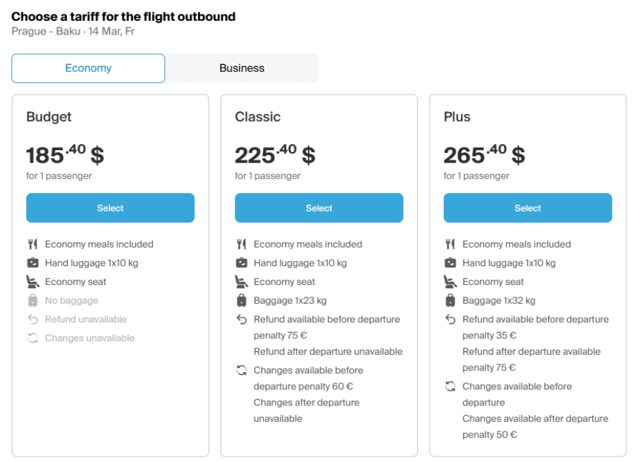 Tarifní třídy Azerbaijan Airlines