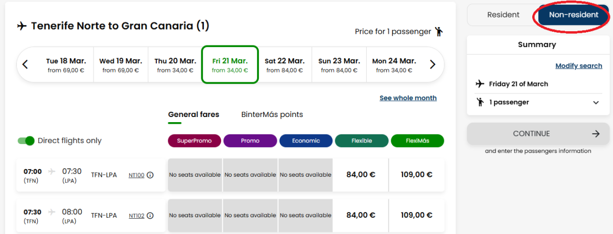 Tlačítko pro změnu tarifu letenky pro ne-rezidenty