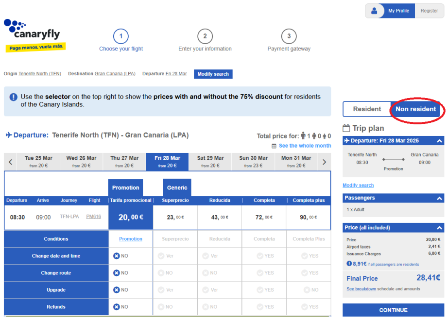 Tlačítko pro výběr letenky v tarifu pro ne-rezidenty