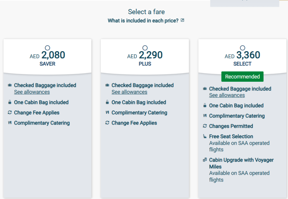 Tarifní třídy South African Airways