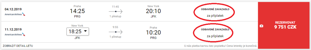 Ukázka letenky bez odbaveného zavazadla