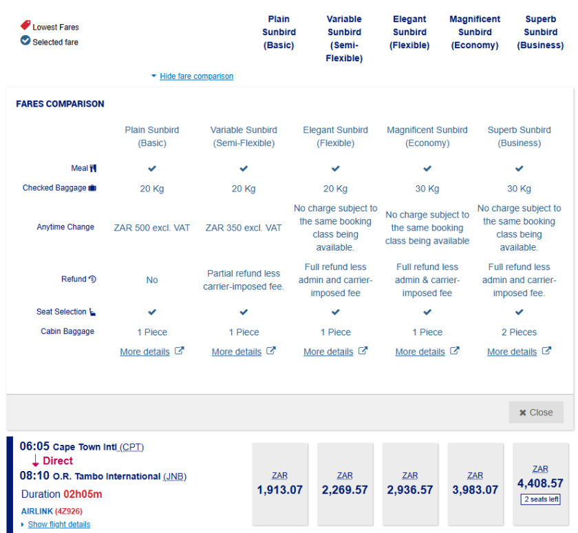 Tarifní třídy Airlink