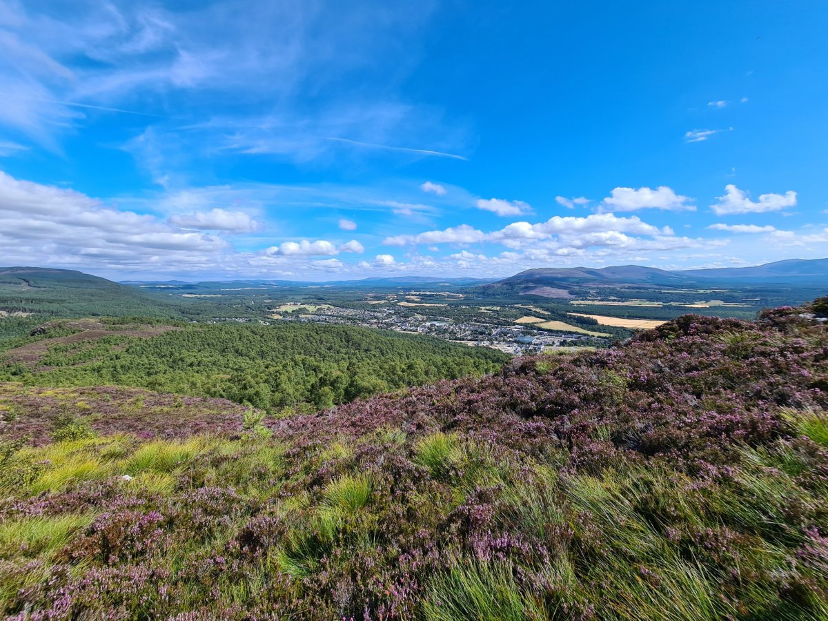 V dálce městečko Aviemore a Caingorn Mountains