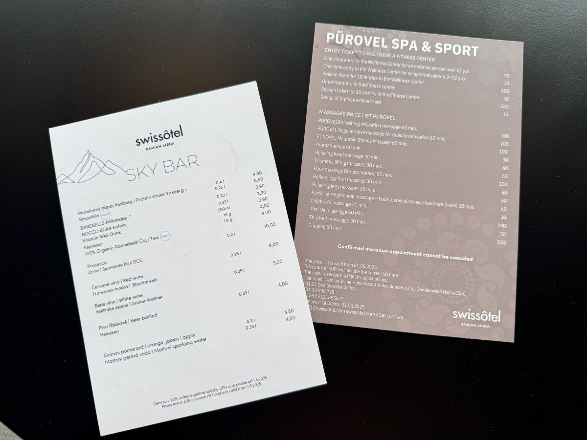 Nabídka masáží a občerstvení ve Sky Bar