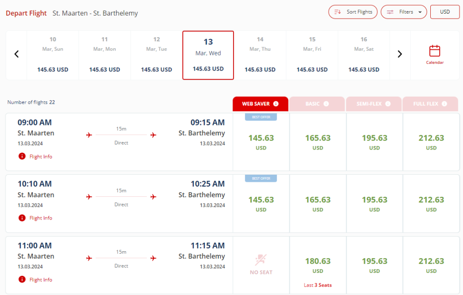 Winair, tarifní třídy