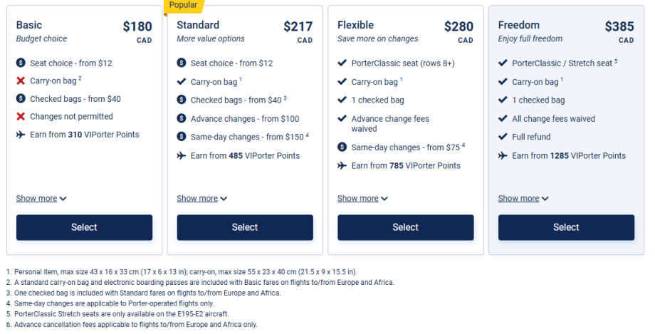 Porter Airlines - tarifní třídy