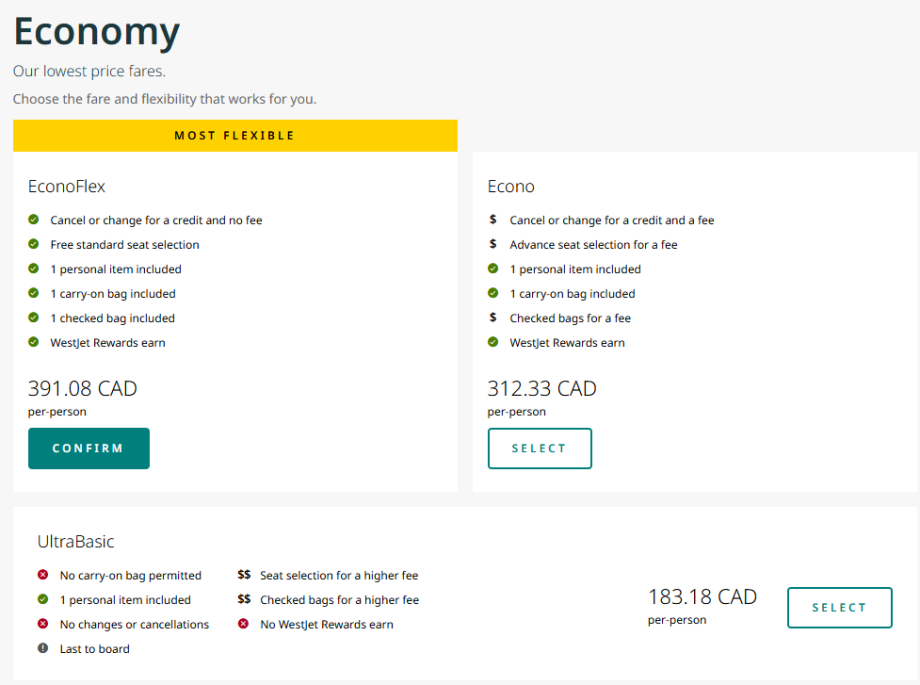 Tarifní třídy Westjet