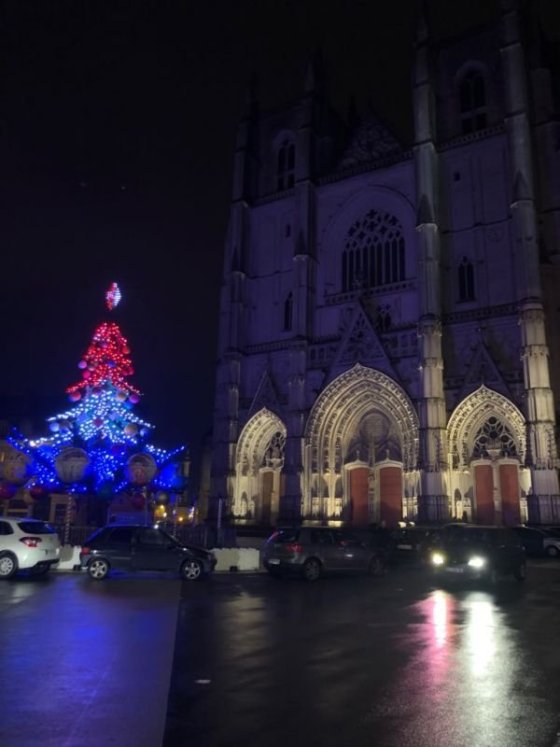 Vánoční strom ve francouzských barvách přímo u katedrály