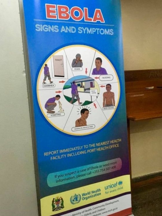 Vskutku milé přivítání! První, co po vystoupení z letadla v Tanzanii uvidíte, je tento roll-up s názornou ukázkou příznaků eboly