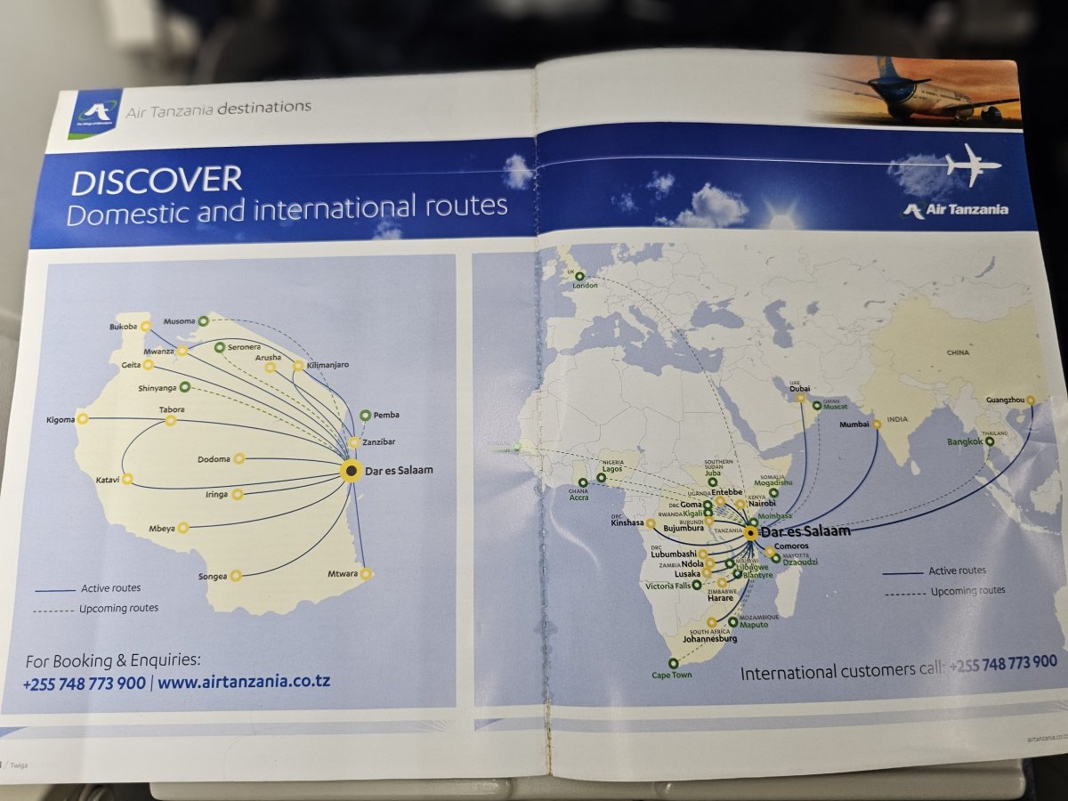 Mapa destinací Air Tanzania 2025