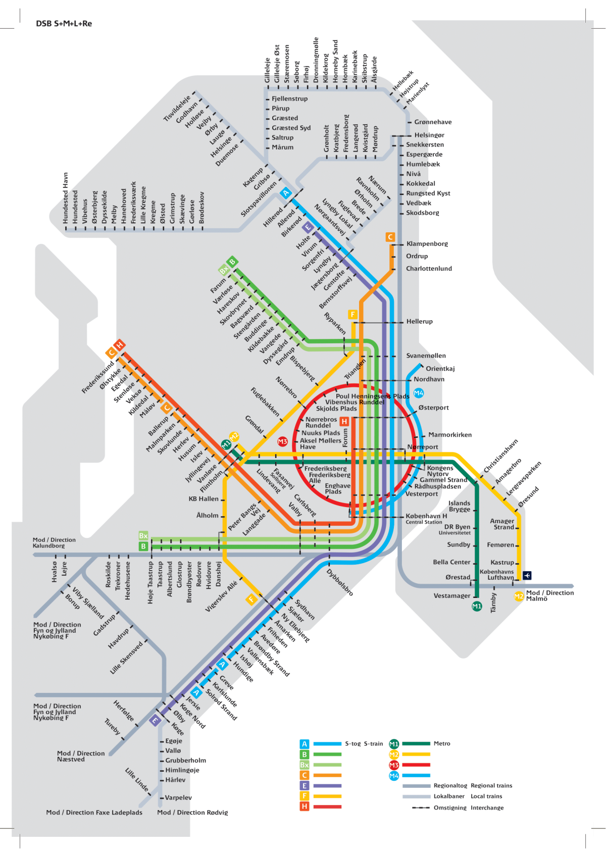 Mapa metra a vlaků v Kodani