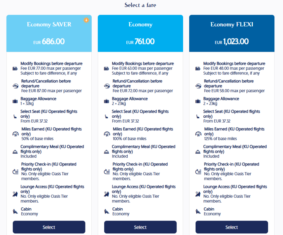 Tarifní třídy Kuwait Airways