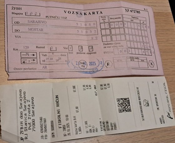 jízdenka na vlak do Mostaru a zpět