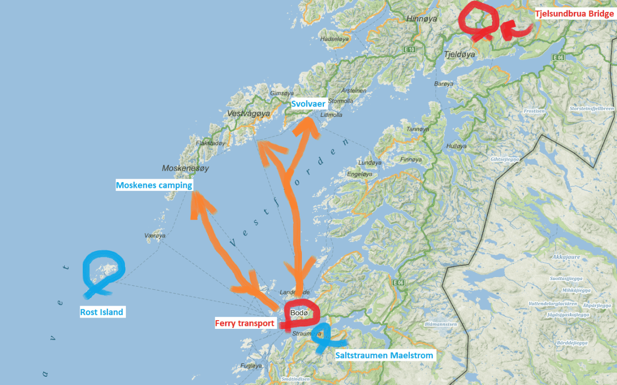 Mapa cesty z Bodø na Lofoty
