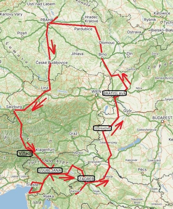 Mapa naší trasy v roce 2025