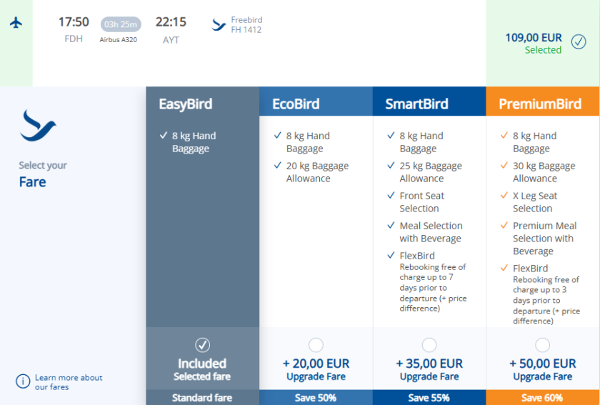 Tarifní třídy Freebird Airlines