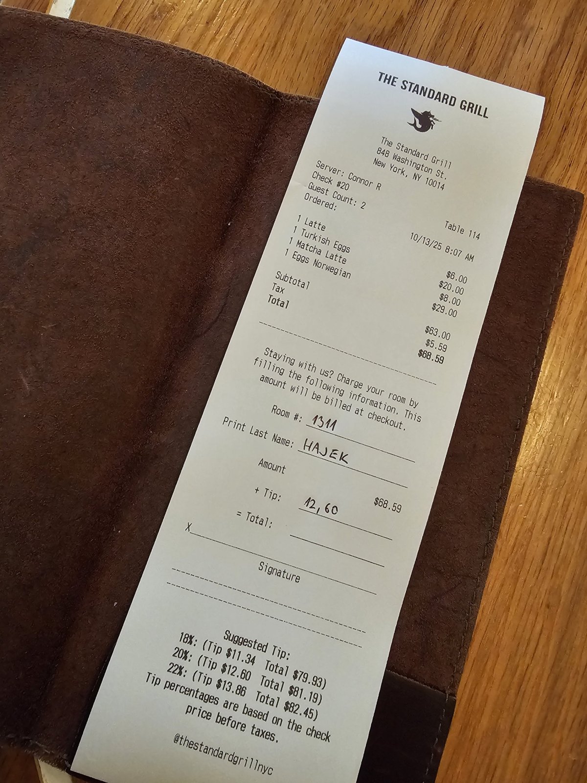 Účet, snídaňové menu