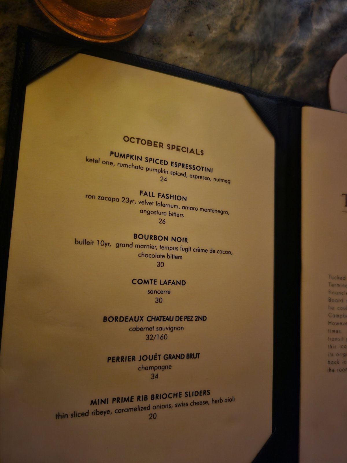 Campbell Bar, koktejl menu