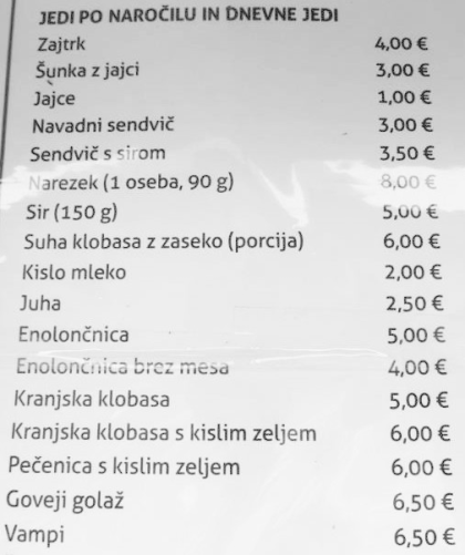 Ukázka jídelního lístku