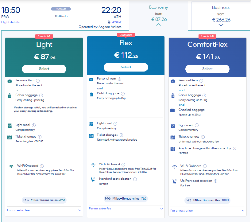 Tarifní třídy Aegean Airlines