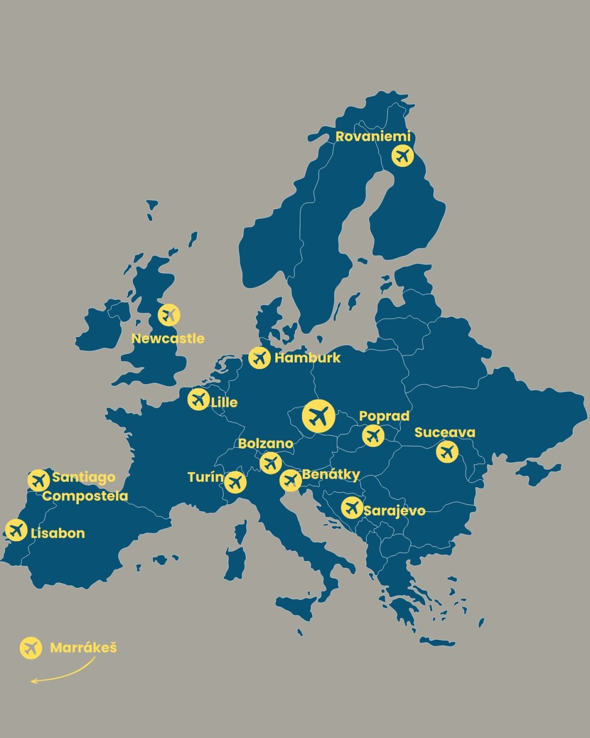 Mapa nových spojů po Evropě a okolí